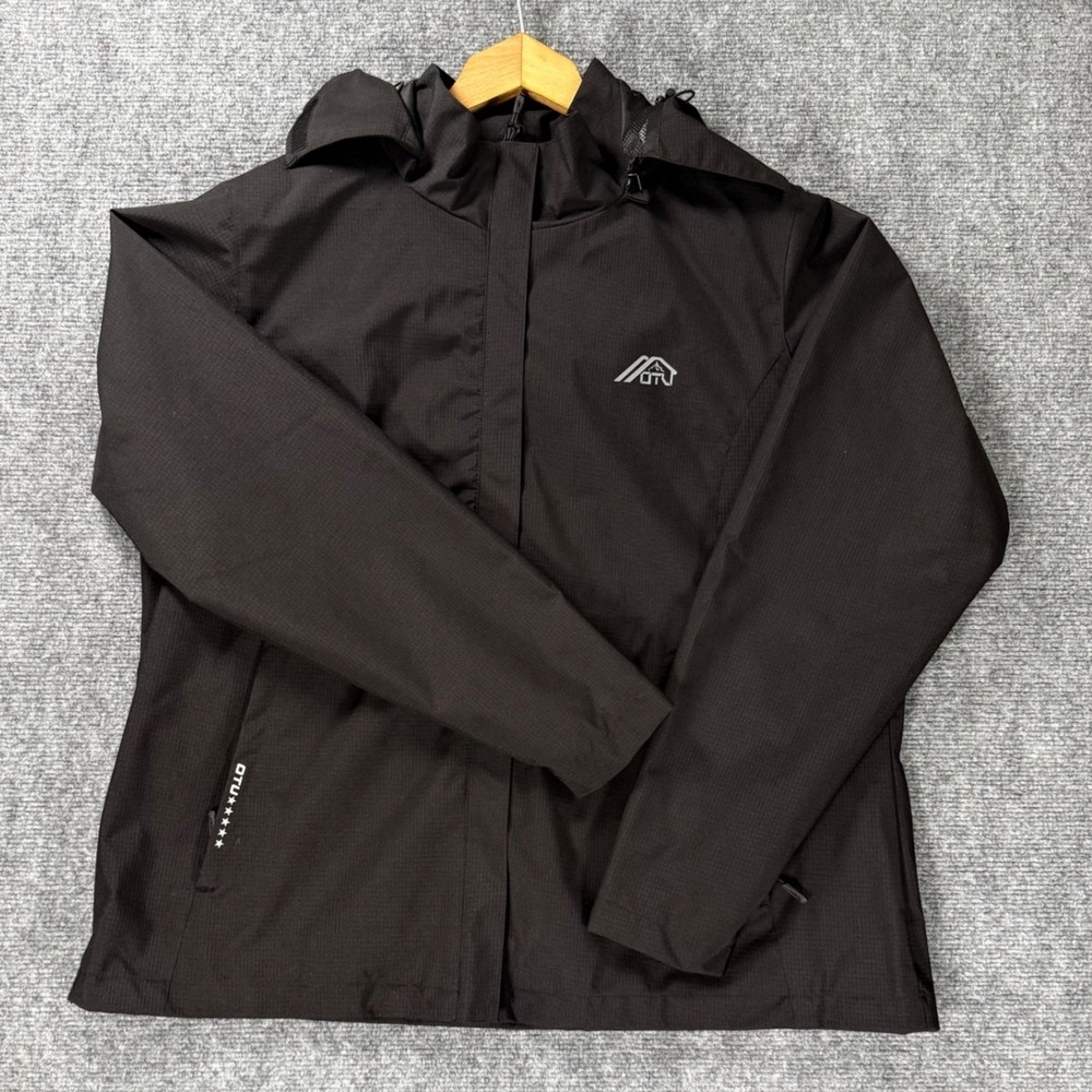 OTU Men's XL Black Hooded Rain Jacket Mesh Lined Full Zip Windbreaker